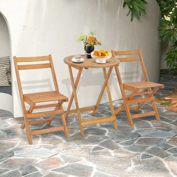 3PCs Salon de Jardin Pliable en Bois d'Acacia Ensemble de Table et 2 Chaises Conception à Lattes Salon Terrasse Bistrot