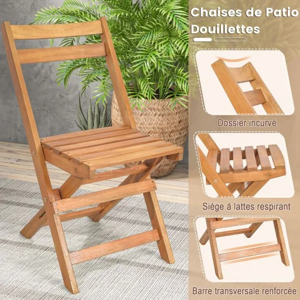 3PCs Salon de Jardin Pliable en Bois d'Acacia Ensemble de Table et 2 Chaises Conception à Lattes Salon Terrasse Bistrot