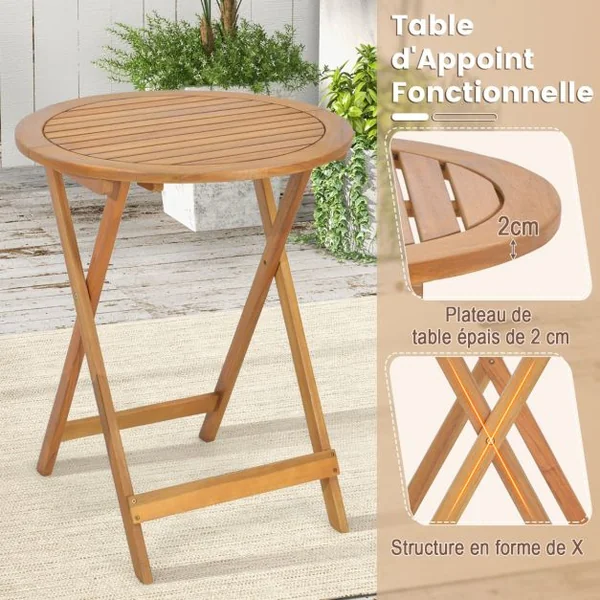 3PCs Salon de Jardin Pliable en Bois d'Acacia Ensemble de Table et 2 Chaises Conception à Lattes Salon Terrasse Bistrot