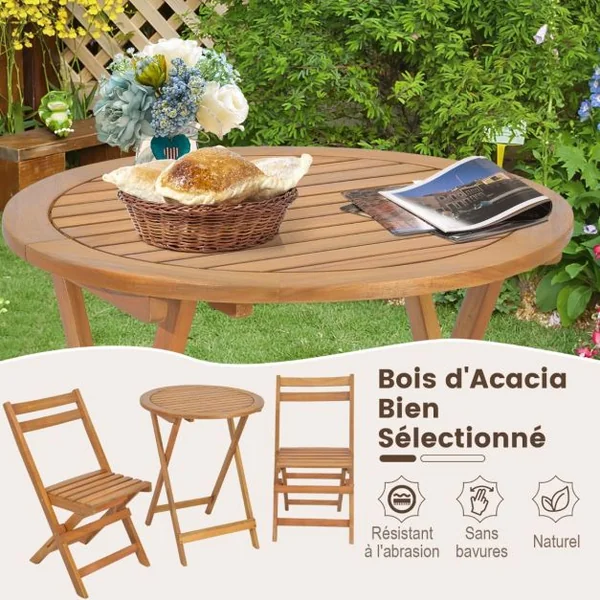 3PCs Salon de Jardin Pliable en Bois d'Acacia Ensemble de Table et 2 Chaises Conception à Lattes Salon Terrasse Bistrot