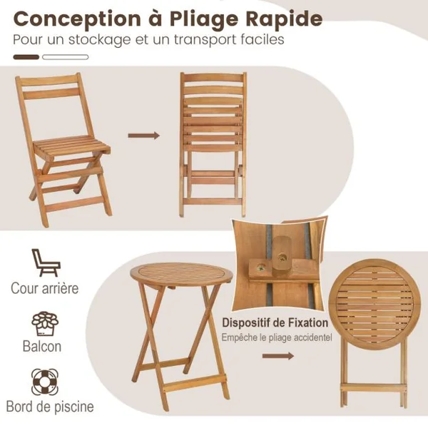 3PCs Salon de Jardin Pliable en Bois d'Acacia Ensemble de Table et 2 Chaises Conception à Lattes Salon Terrasse Bistrot