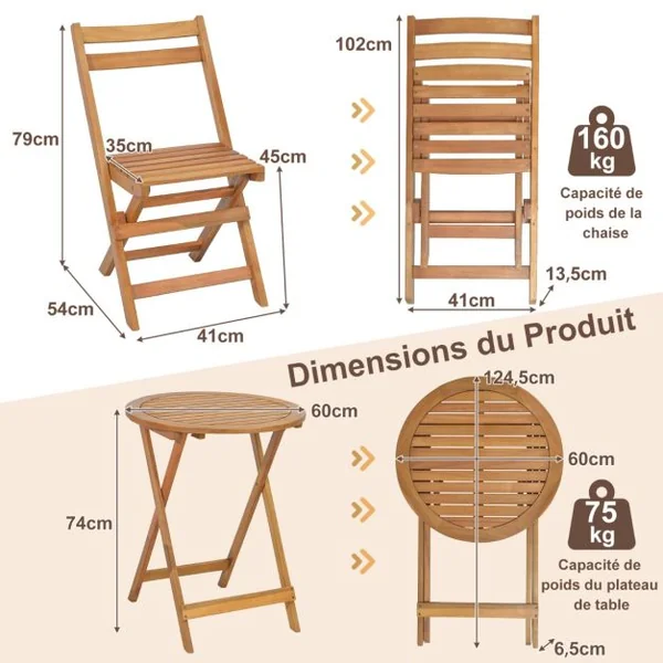 3PCs Salon de Jardin Pliable en Bois d'Acacia Ensemble de Table et 2 Chaises Conception à Lattes Salon Terrasse Bistrot