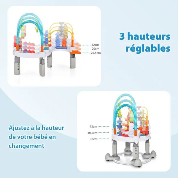 4 en 1 Aire d'éveil à Rebonds Bébé avec 3 Hauteurs Réglables 3 Modes Jumperoo Jungle Trotteur Bébé avec Siège Rotatif 360°Charge 11kg Gris