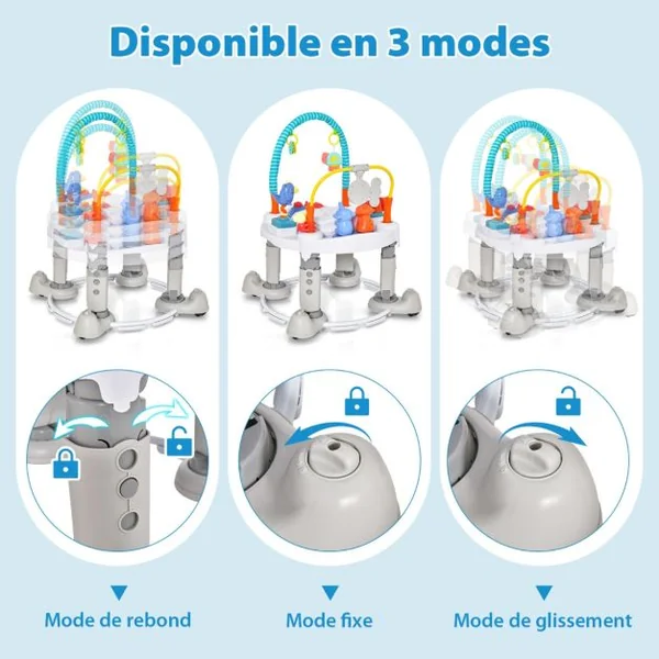 4 en 1 Aire d'éveil à Rebonds Bébé avec 3 Hauteurs Réglables 3 Modes Jumperoo Jungle Trotteur Bébé avec Siège Rotatif 360°Charge 11kg Gris