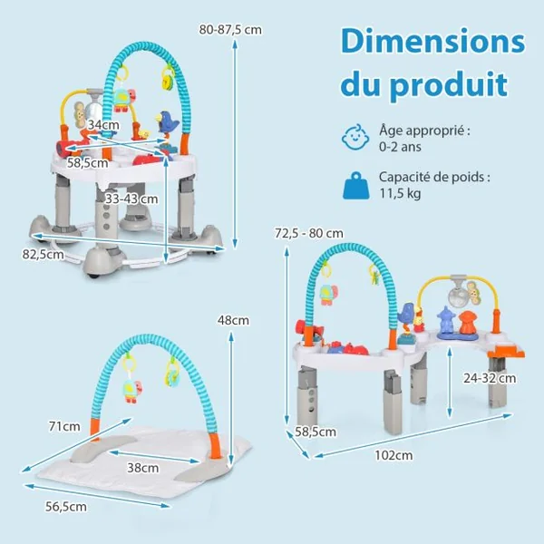 4 en 1 Aire d'éveil à Rebonds Bébé avec 3 Hauteurs Réglables 3 Modes Jumperoo Jungle Trotteur Bébé avec Siège Rotatif 360°Charge 11kg Gris