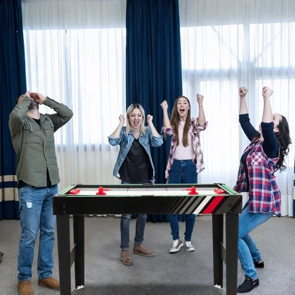 4 en 1 Baby-Foot avec 18 Joueurs & Billard & Hockey & Tennis de Table Table de Jeu Empilable avec Marqueur Manuel Jouets 125x97x83cm