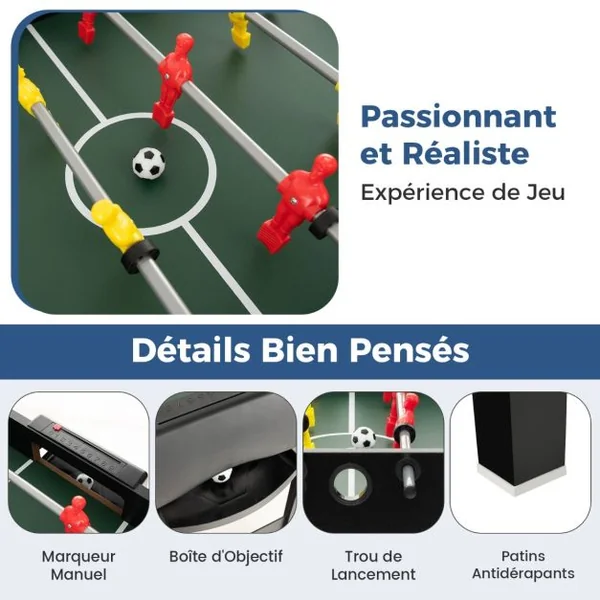 4 en 1 Baby-Foot avec 18 Joueurs & Billard & Hockey & Tennis de Table Table de Jeu Empilable avec Marqueur Manuel Jouets 125x97x83cm