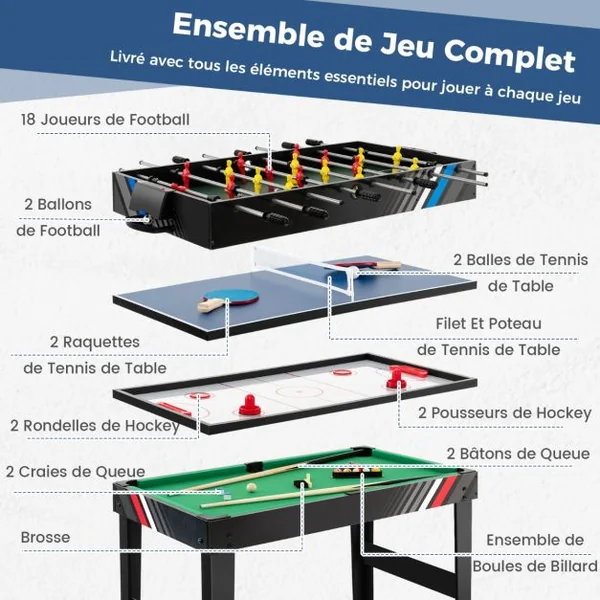 4 en 1 Baby-Foot avec 18 Joueurs & Billard & Hockey & Tennis de Table Table de Jeu Empilable avec Marqueur Manuel Jouets 125x97x83cm