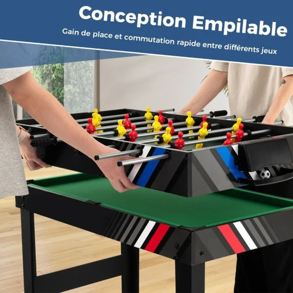 4 en 1 Baby-Foot avec 18 Joueurs & Billard & Hockey & Tennis de Table Table de Jeu Empilable avec Marqueur Manuel Jouets 125x97x83cm
