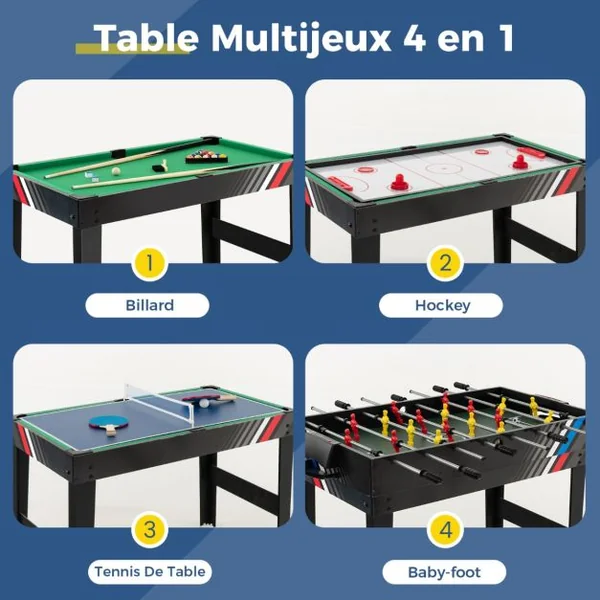 4 en 1 Baby-Foot avec 18 Joueurs & Billard & Hockey & Tennis de Table Table de Jeu Empilable avec Marqueur Manuel Jouets 125x97x83cm