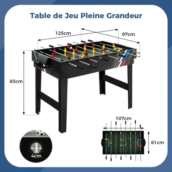4 en 1 Baby-Foot avec 18 Joueurs & Billard & Hockey & Tennis de Table Table de Jeu Empilable avec Marqueur Manuel Jouets 125x97x83cm