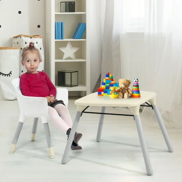 4 en 1 Chaise Haute Bébé Convertible avec Plateau Amovible & Réglable Chaise de Repos Bébé avec Harnais à 5 Points Structure Pyramidale Solide 6 Mois-3 Ans Beige