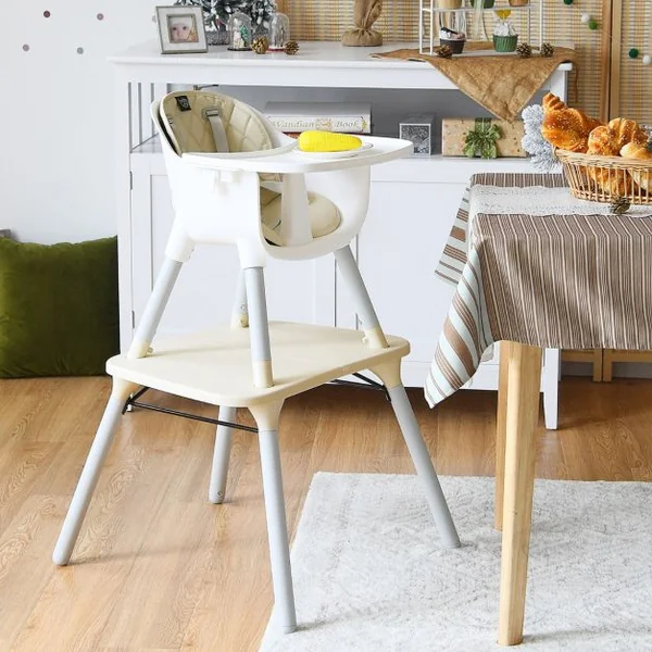 4 en 1 Chaise Haute Bébé Convertible avec Plateau Amovible & Réglable Chaise de Repos Bébé avec Harnais à 5 Points Structure Pyramidale Solide 6 Mois-3 Ans Beige