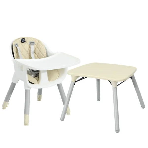 4 en 1 Chaise Haute Bébé Convertible avec Plateau Amovible & Réglable Chaise de Repos Bébé avec Harnais à 5 Points Structure Pyramidale Solide 6 Mois-3 Ans Beige