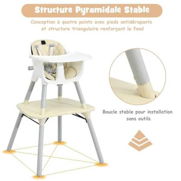 4 en 1 Chaise Haute Bébé Convertible avec Plateau Amovible & Réglable Chaise de Repos Bébé avec Harnais à 5 Points Structure Pyramidale Solide 6 Mois-3 Ans Beige