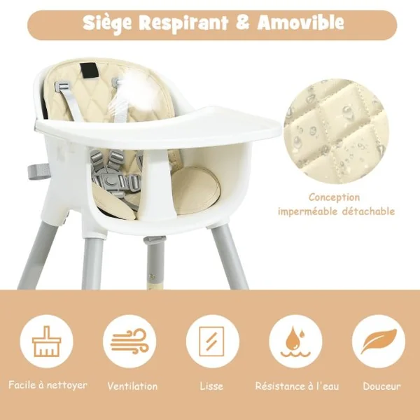 4 en 1 Chaise Haute Bébé Convertible avec Plateau Amovible & Réglable Chaise de Repos Bébé avec Harnais à 5 Points Structure Pyramidale Solide 6 Mois-3 Ans Beige