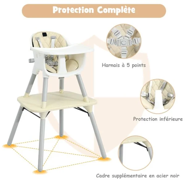 4 en 1 Chaise Haute Bébé Convertible avec Plateau Amovible & Réglable Chaise de Repos Bébé avec Harnais à 5 Points Structure Pyramidale Solide 6 Mois-3 Ans Beige