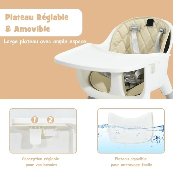 4 en 1 Chaise Haute Bébé Convertible avec Plateau Amovible & Réglable Chaise de Repos Bébé avec Harnais à 5 Points Structure Pyramidale Solide 6 Mois-3 Ans Beige