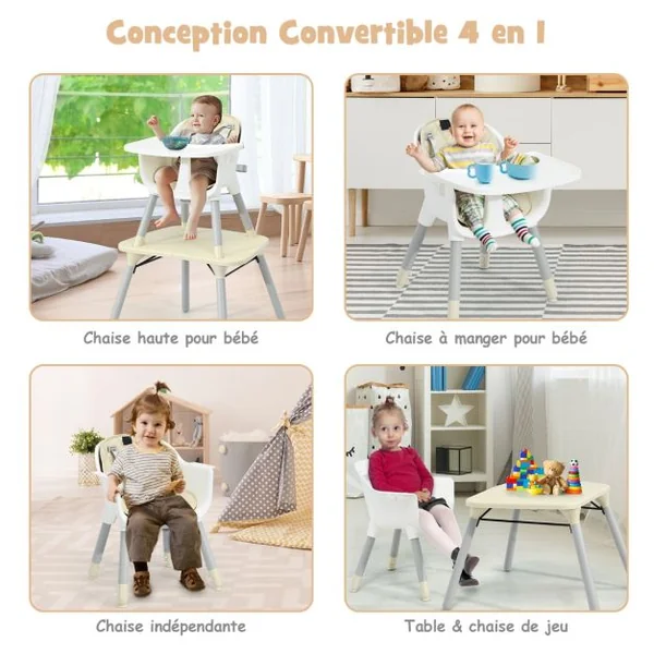 4 en 1 Chaise Haute Bébé Convertible avec Plateau Amovible & Réglable Chaise de Repos Bébé avec Harnais à 5 Points Structure Pyramidale Solide 6 Mois-3 Ans Beige