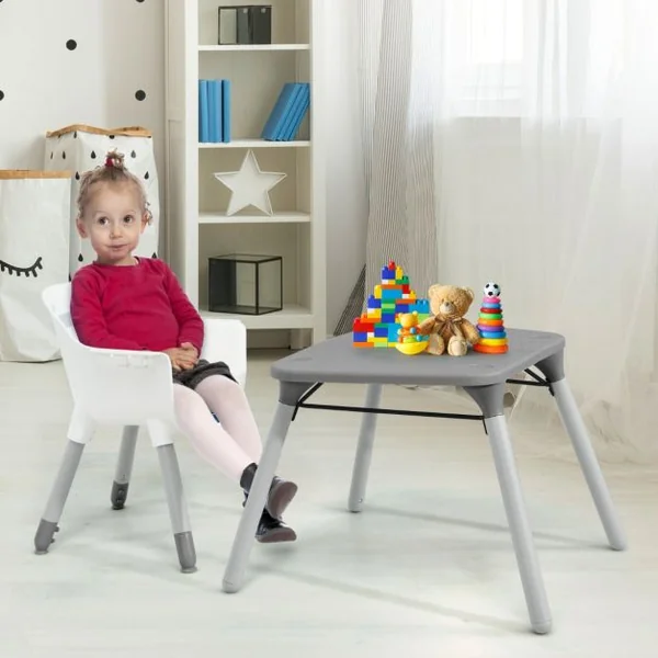 4 en 1 Chaise Haute Bébé Convertible avec Plateau Amovible & Réglable Chaise de Repos Bébé avec Harnais à 5 Points Structure Pyramidale Solide 6 Mois-3 Ans Gris