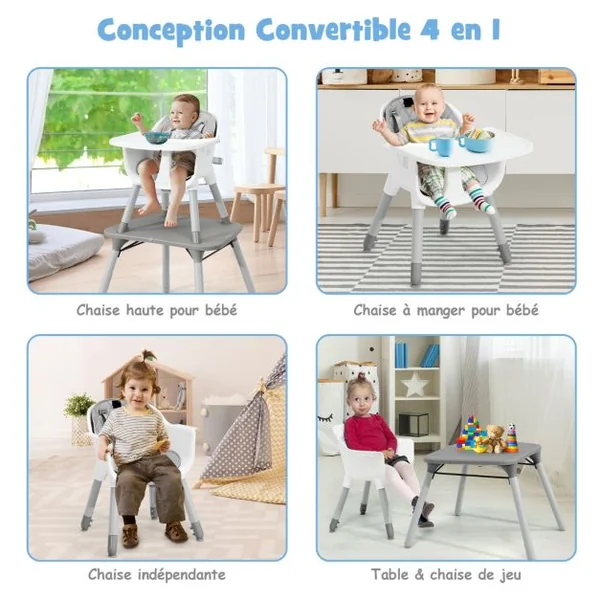4 en 1 Chaise Haute Bébé Convertible avec Plateau Amovible & Réglable Chaise de Repos Bébé avec Harnais à 5 Points Structure Pyramidale Solide 6 Mois-3 Ans Gris
