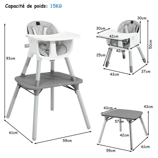 4 en 1 Chaise Haute Bébé Convertible avec Plateau Amovible & Réglable Chaise de Repos Bébé avec Harnais à 5 Points Structure Pyramidale Solide 6 Mois-3 Ans Gris