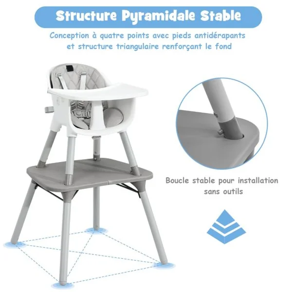 4 en 1 Chaise Haute Bébé Convertible avec Plateau Amovible & Réglable Chaise de Repos Bébé avec Harnais à 5 Points Structure Pyramidale Solide 6 Mois-3 Ans Gris