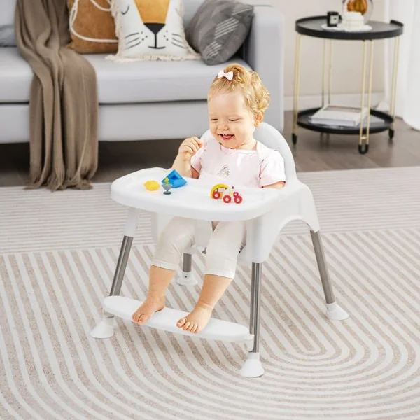 4 en 1 Chaise Haute Bébé Convertible avec Plateau Double Amovible&Harnais de Sécurité à 3 Points Charge 15kg pour 6-36 Mois Blanc