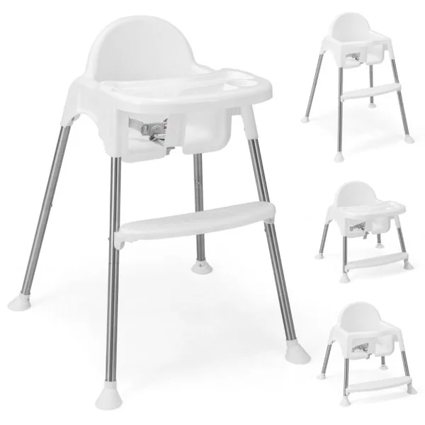 4 en 1 Chaise Haute Bébé Convertible avec Plateau Double Amovible&Harnais de Sécurité à 3 Points Charge 15kg pour 6-36 Mois Blanc