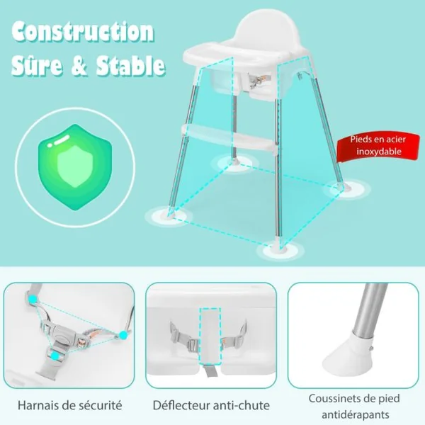 4 en 1 Chaise Haute Bébé Convertible avec Plateau Double Amovible&Harnais de Sécurité à 3 Points Charge 15kg pour 6-36 Mois Blanc