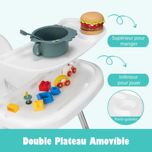 4 en 1 Chaise Haute Bébé Convertible avec Plateau Double Amovible&Harnais de Sécurité à 3 Points Charge 15kg pour 6-36 Mois Blanc