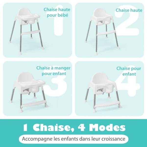 4 en 1 Chaise Haute Bébé Convertible avec Plateau Double Amovible&Harnais de Sécurité à 3 Points Charge 15kg pour 6-36 Mois Blanc