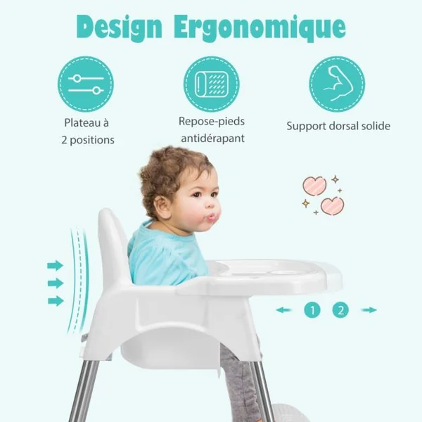 4 en 1 Chaise Haute Bébé Convertible avec Plateau Double Amovible&Harnais de Sécurité à 3 Points Charge 15kg pour 6-36 Mois Blanc