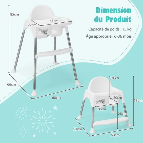 4 en 1 Chaise Haute Bébé Convertible avec Plateau Double Amovible&Harnais de Sécurité à 3 Points Charge 15kg pour 6-36 Mois Blanc