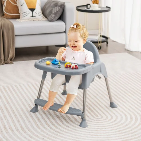 4 en 1 Chaise Haute Bébé Convertible avec Plateau Double Amovible&Harnais de Sécurité à 3 Points Charge 15kg pour 6-36 Mois Gris