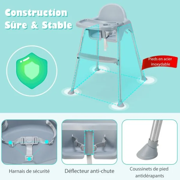 4 en 1 Chaise Haute Bébé Convertible avec Plateau Double Amovible&Harnais de Sécurité à 3 Points Charge 15kg pour 6-36 Mois Gris