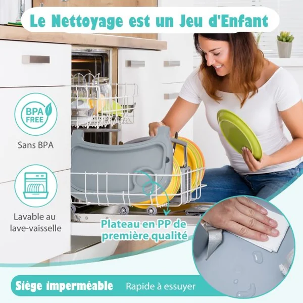 4 en 1 Chaise Haute Bébé Convertible avec Plateau Double Amovible&Harnais de Sécurité à 3 Points Charge 15kg pour 6-36 Mois Gris