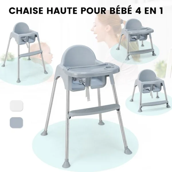 4 en 1 Chaise Haute Bébé Convertible avec Plateau Double Amovible&Harnais de Sécurité à 3 Points Charge 15kg pour 6-36 Mois Gris