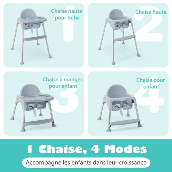 4 en 1 Chaise Haute Bébé Convertible avec Plateau Double Amovible&Harnais de Sécurité à 3 Points Charge 15kg pour 6-36 Mois Gris
