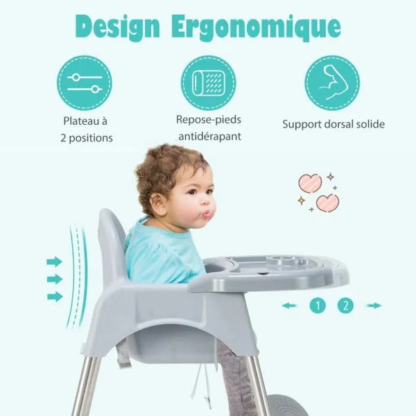 4 en 1 Chaise Haute Bébé Convertible avec Plateau Double Amovible&Harnais de Sécurité à 3 Points Charge 15kg pour 6-36 Mois Gris