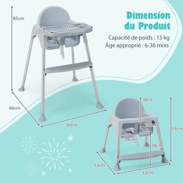 4 en 1 Chaise Haute Bébé Convertible avec Plateau Double Amovible&Harnais de Sécurité à 3 Points Charge 15kg pour 6-36 Mois Gris