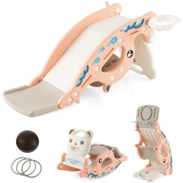4 en 1 : Cheval à Bascule Panier de Basketball & Ballon Jeu d’ Anneaux Jeu Intérieur Extérieu Rose