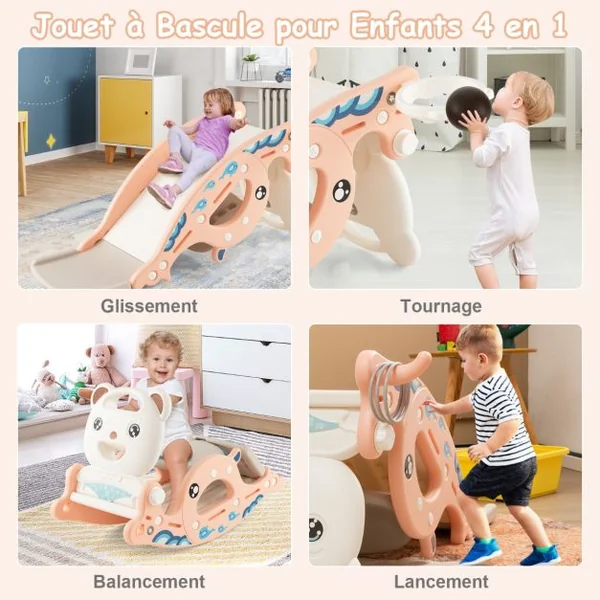 4 en 1 : Cheval à Bascule Panier de Basketball & Ballon Jeu d’ Anneaux Jeu Intérieur Extérieu Rose