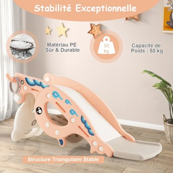 4 en 1 : Cheval à Bascule Panier de Basketball & Ballon Jeu d’ Anneaux Jeu Intérieur Extérieu Rose