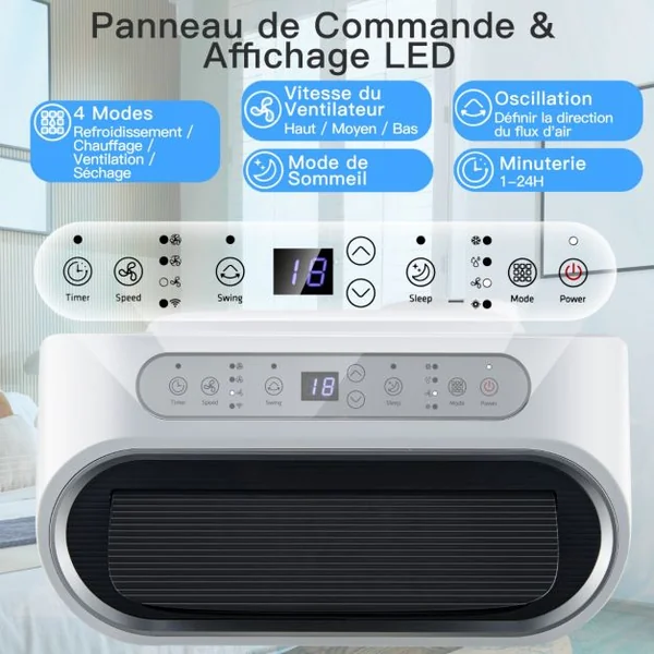 4 en 1 Climatiseur 16 à 32℃ 14000BTU R290 3 Modes Ventilateur Déshumidificateur et Rafraîchisseur Jusqu'à 40㎡ Classe Énergétique A