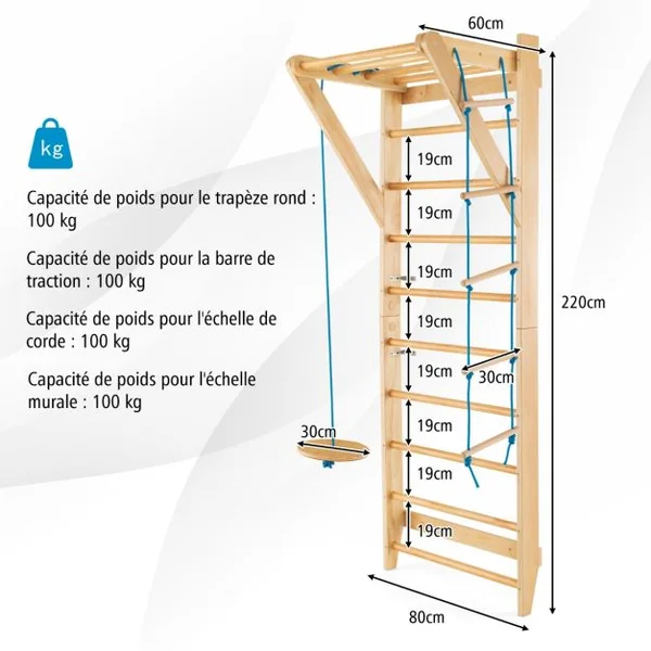 4 en 1 Espalier en Bois avec 8 Barres pour Exercicer à Domicile 80 X 60 X 220 CM Charge 100 KG 12 Accessoires Inclus