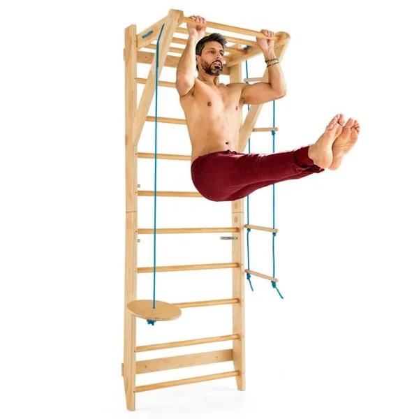 4 en 1 Espalier en Bois avec 8 Barres pour Exercicer à Domicile 80 X 60 X 220 CM Charge 100 KG 12 Accessoires Inclus