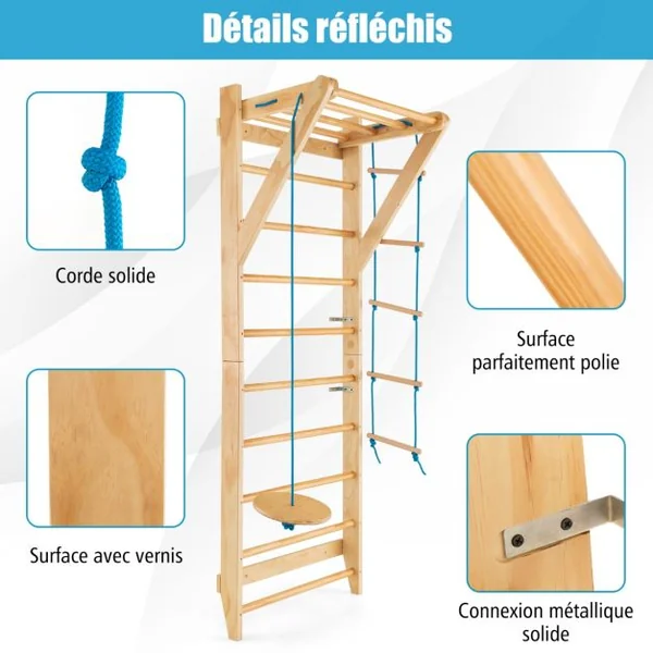 4 en 1 Espalier en Bois avec 8 Barres pour Exercicer à Domicile 80 X 60 X 220 CM Charge 100 KG 12 Accessoires Inclus