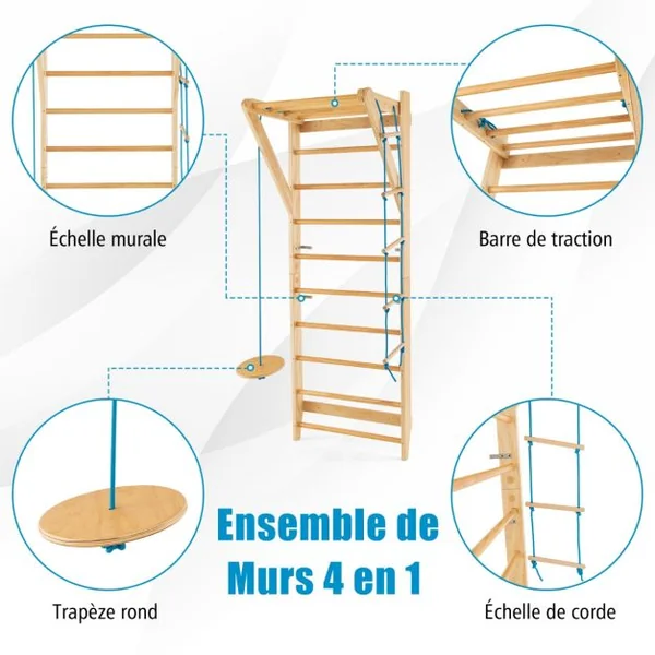 4 en 1 Espalier en Bois avec 8 Barres pour Exercicer à Domicile 80 X 60 X 220 CM Charge 100 KG 12 Accessoires Inclus