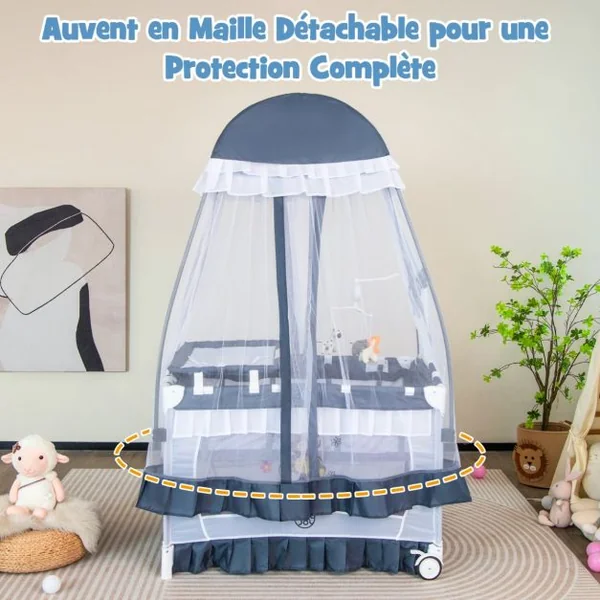 4 en 1 Lit Parapluie Bébé avec Matelas et Filet Détachable Lit Bébé Evolutif avec Table à Langer, Style Princesse Boîte à Musique et Jouets pour Bébé de 0-3 Ans Gris